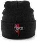 Red Trouser Day embroidered cuffed beanie – front
